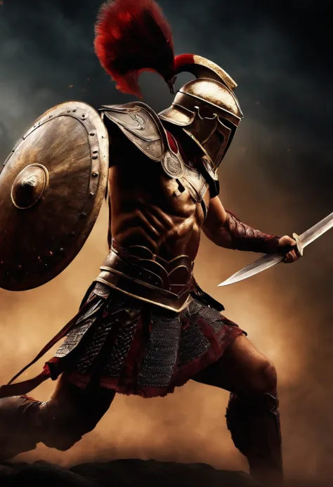 spartan warrior, fighting , bloody armor, epic, dark background