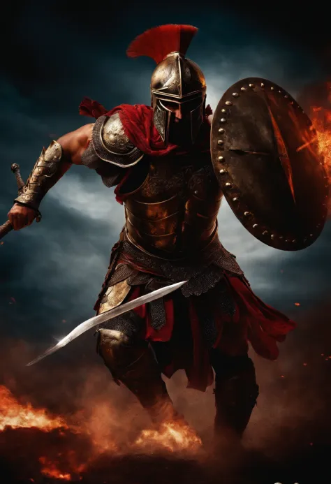 spartan warrior, fighting , bloody armor, epic, black background