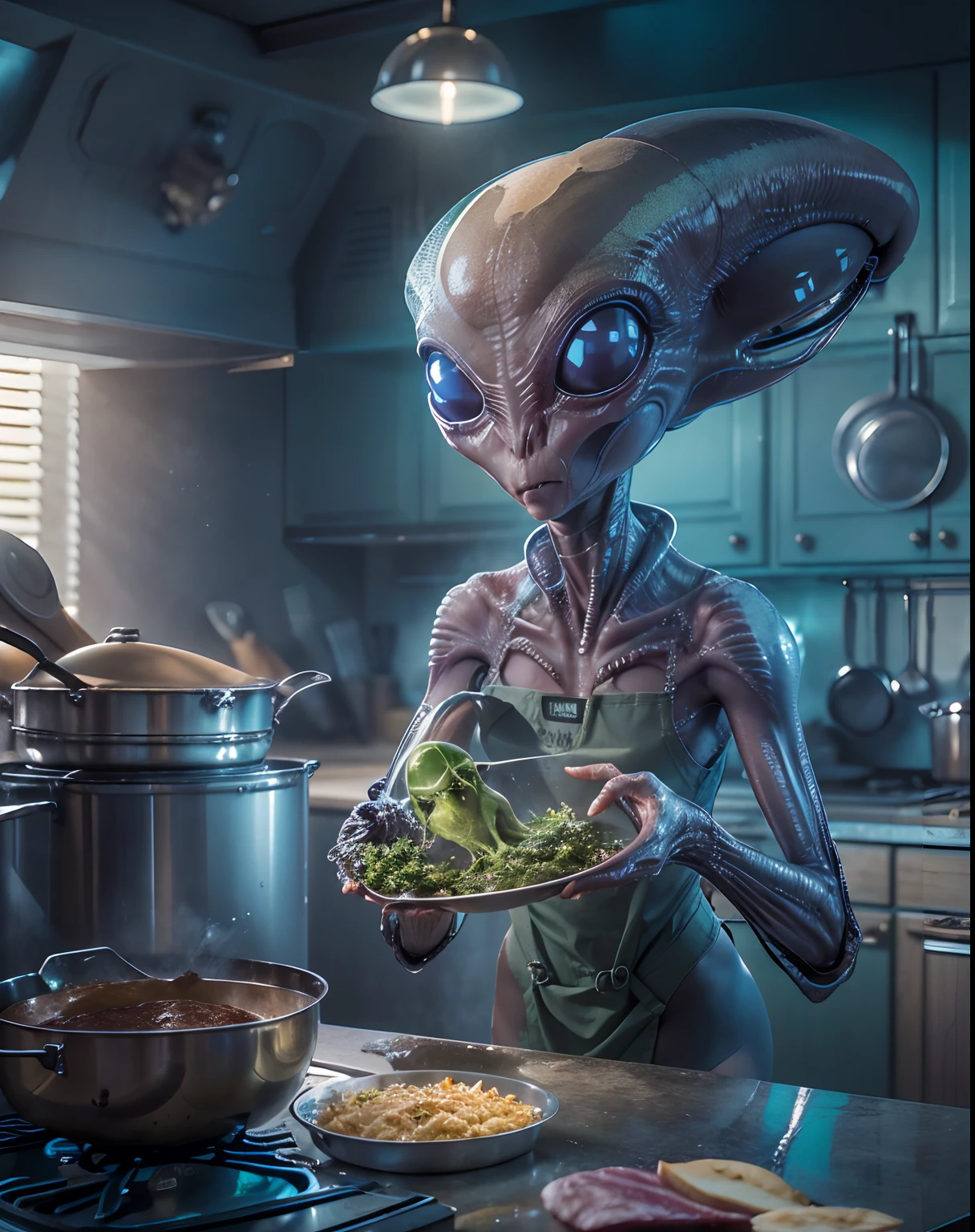 (un extraterrestre avec une grosse tête:1.4), tablier et cuisine dans une cuisine, extra-terrestre, (meilleure qualité, 4k, haute résolution, chef-d&#39;œuvre:1.2), ultra-détaillé, hdr, professionnel, Des couleurs vives, style science-fiction, éclairage vibrant