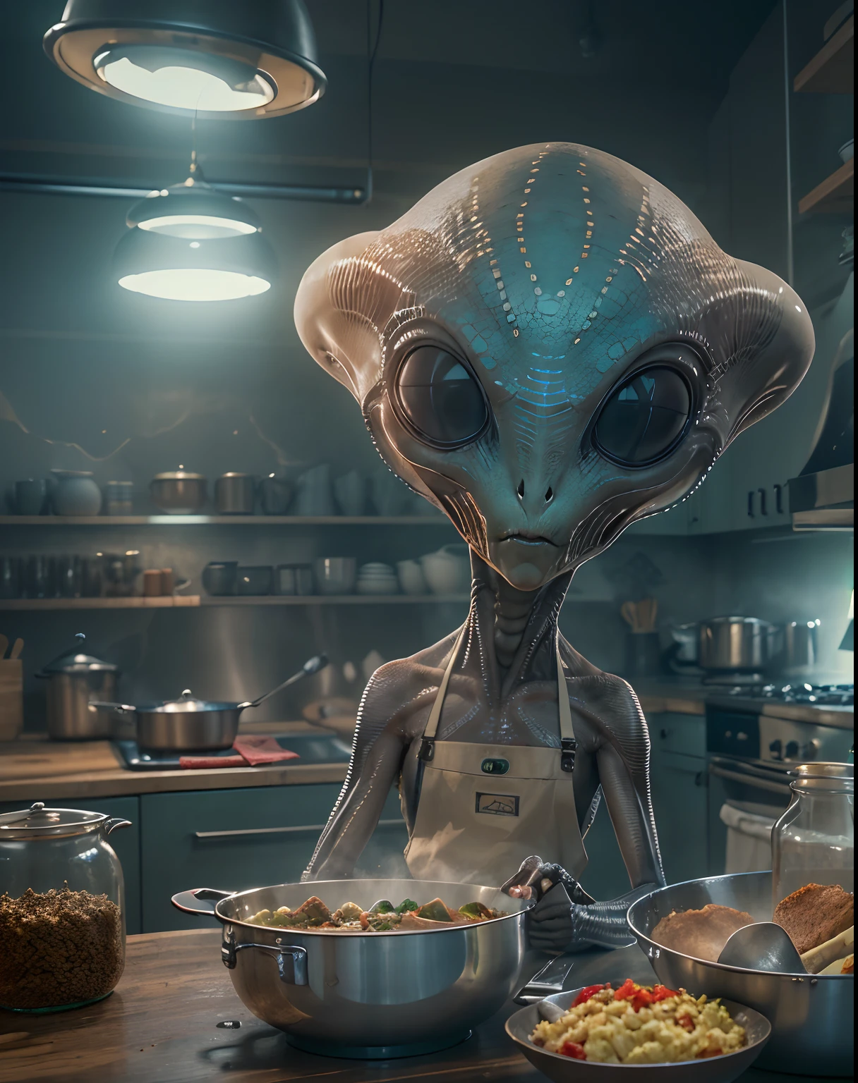 (un extraterrestre avec une grosse tête:1.4), tablier et cuisine dans une cuisine, Extra-terrestre, (Meilleure qualité, 4k, haute résolution, chef-d&#39;œuvre:1.2), ultra-détaillé, HDR, professionnel, Couleurs vives, style science-fiction, Éclairage vibrant