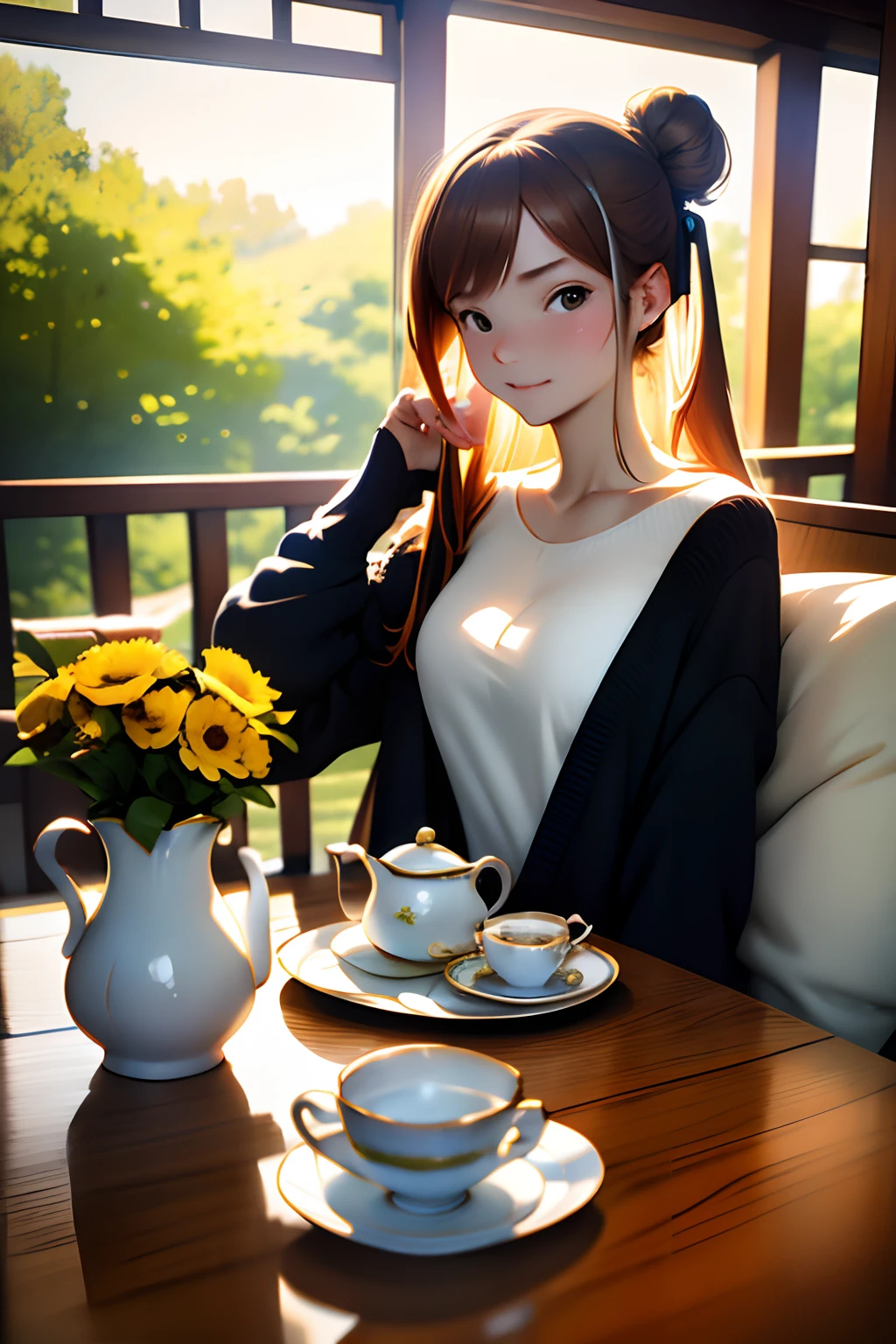 masutepiece, Best Quality, hight resolution,A perfect･Atomy,solo,Brown hair,Bun hair in one bun,white  shirt,Cardigan with long ultramarine sleeves,Enjoy afternoon tea and tea treats,Tea set,Round table with flowers in a vase,