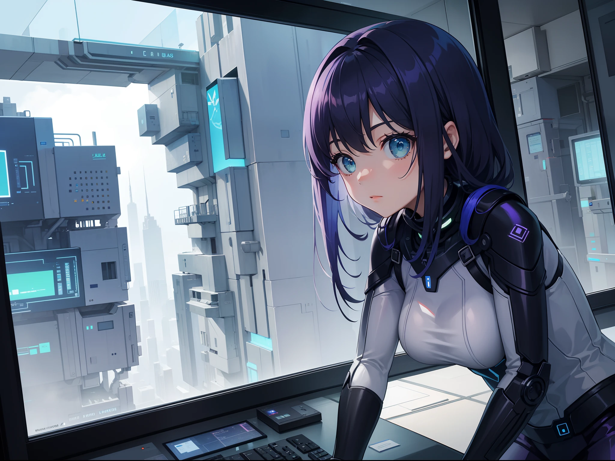 Through the window, she sees a futuristic, dystopian city created in shades of blue, violet and green. cybersecurity student girl. a girl programming