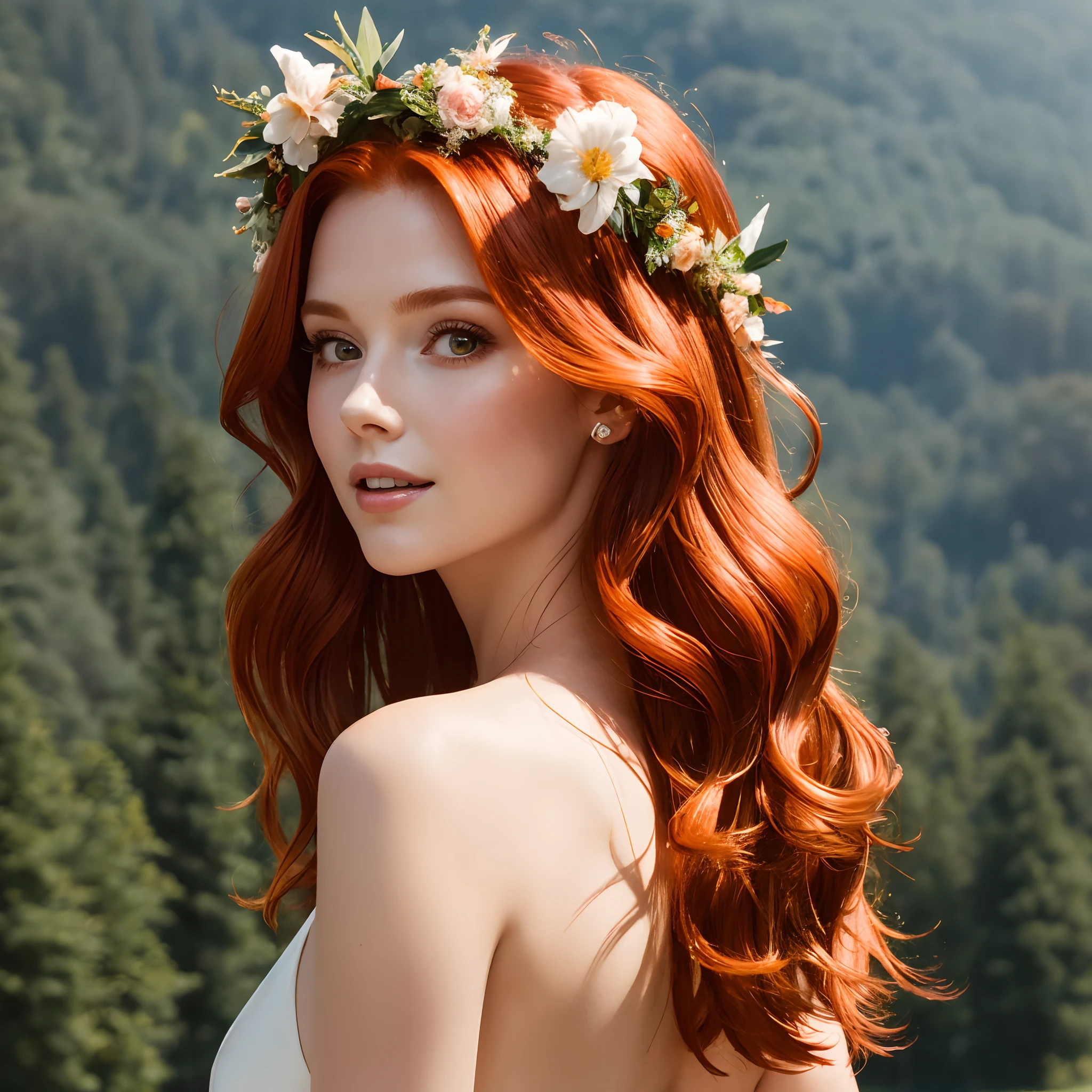 (杰作,  清晰聚焦),  ((特写:1.5)),  一位优雅的 25 岁红发女人 ,  飘逸的头发, 淡淡的微笑,  丰满的身材, 森林背景,  体积光,  优雅夏装,  焦点面,  阳光下小雨,  红发, 结局,  轻雾,  花冠