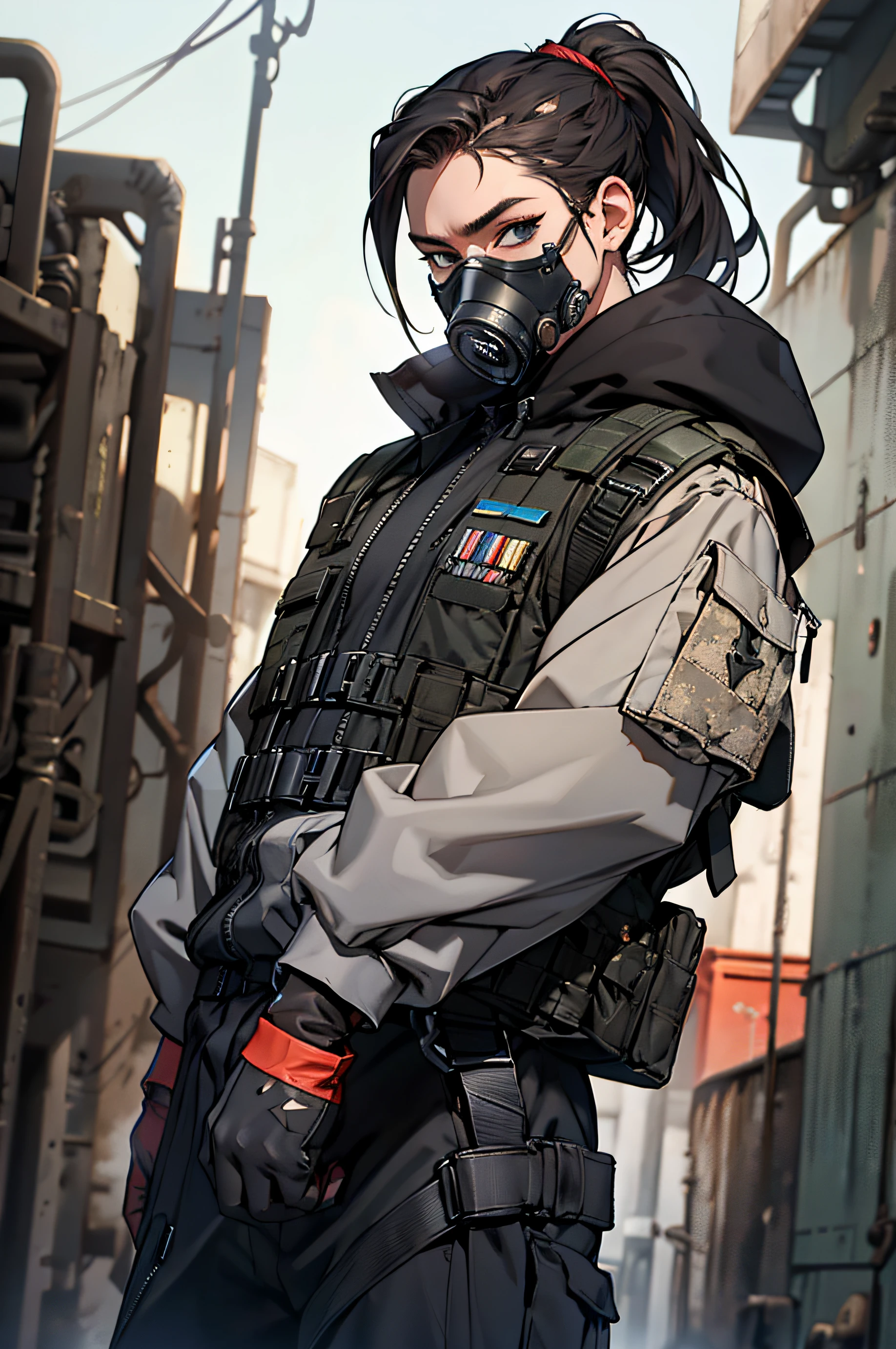 (Masterpiece), best quality, highest quality, highly detailed, original, high resolution CG Unit 8k wallpaper, (depth of field: 1.5), fidelity: 1.3, male, black skin, tied hair in ponytail, gas mask, black military uniform, tactical vest, gloves, jacket with hood over head, background military base