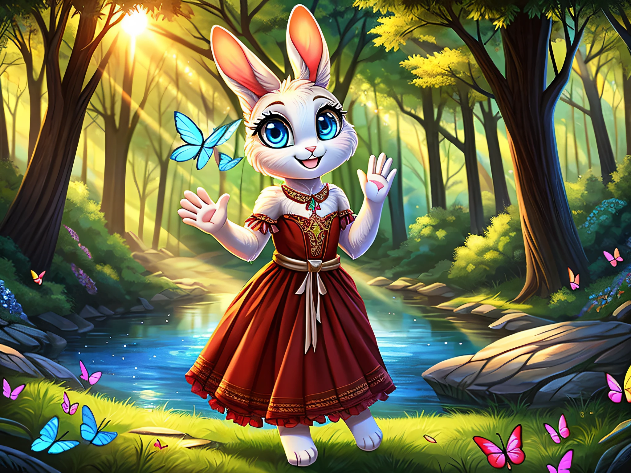 zoomed out image, fantasy style art, cute, adorable, small and tiny little fluffy female white bunny with blue eyes, long eyelashes, wearing a red frilly ribbon dress, waving one hand and smiling in a forest near a creek, big smile, wide eyes, stunning visuals, sun coming through the trees, colorful butterflies, digital illustration