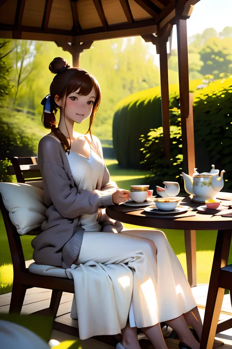masutepiece, Best Quality, hight resolution,A perfect･parfect anatomy,独奏,Brown hair,Bun hair in one,white  shirt,Cardigan with l...