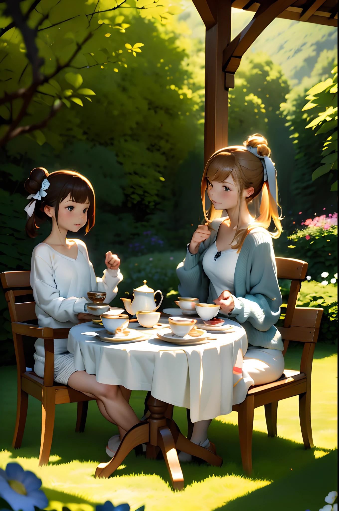 masutepiece, Best Quality, hight resolution,A perfect･atom,独奏,Brown hair,Bun hair in one,white  shirt,Cardigan with long ultramarine sleeves,Enjoy afternoon tea and tea treats,tea set,Round table with flowers in a vase,plein air,Afternoon tea in the gazebo,English Garden