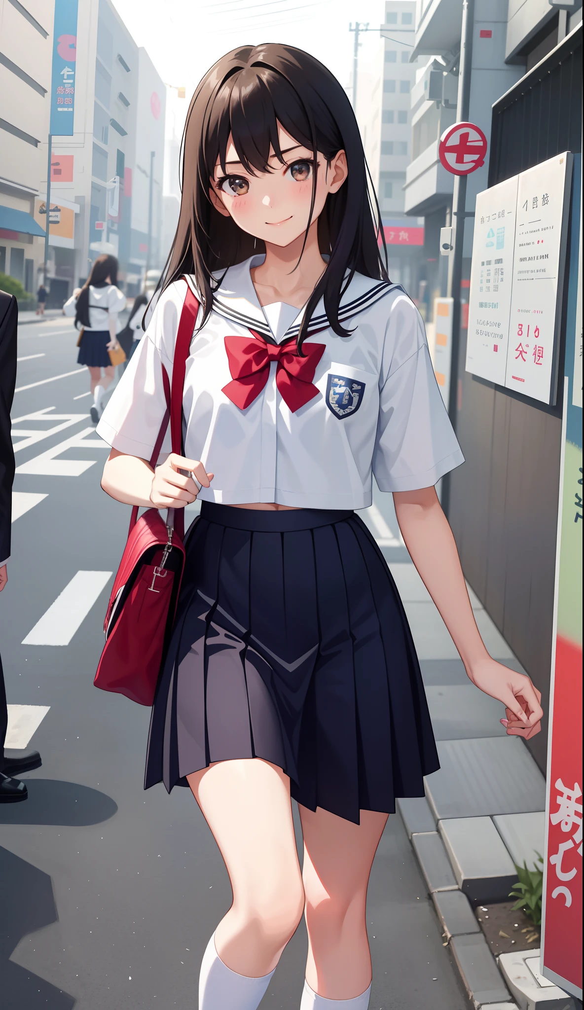 Chica anime con uniforme escolar caminando por la calle con un bolso rojo.  - SeaArt AI