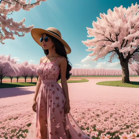 There is a beautiful woman standing in a field of cherry trees with a sun hat and wearing a pink halter dress, longos cabelos ca...