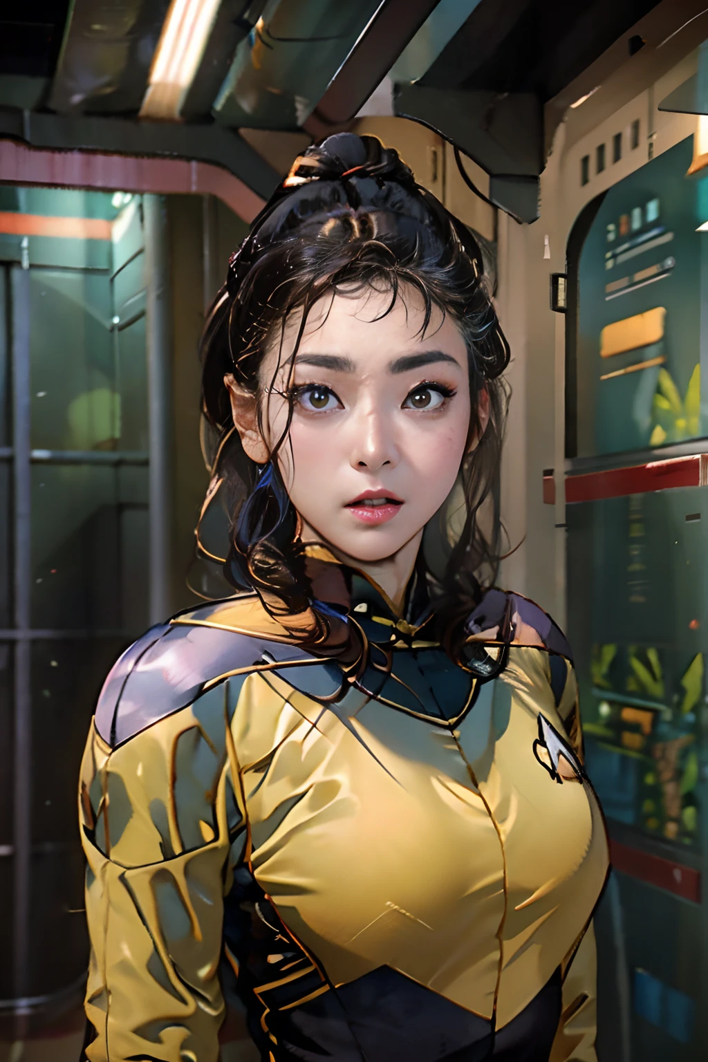 (masterpiece), best quality, expressive eyes, perfect face, Ensign Kim's sister is a beautiful Asian girl, perfect eyes, perfect hands, yellow and black Star Trek Voyager uniform, tight uniform, photo-realistic, Harry Kim's Sister, ensign Harry Kim's sexy Sister, bright indoor