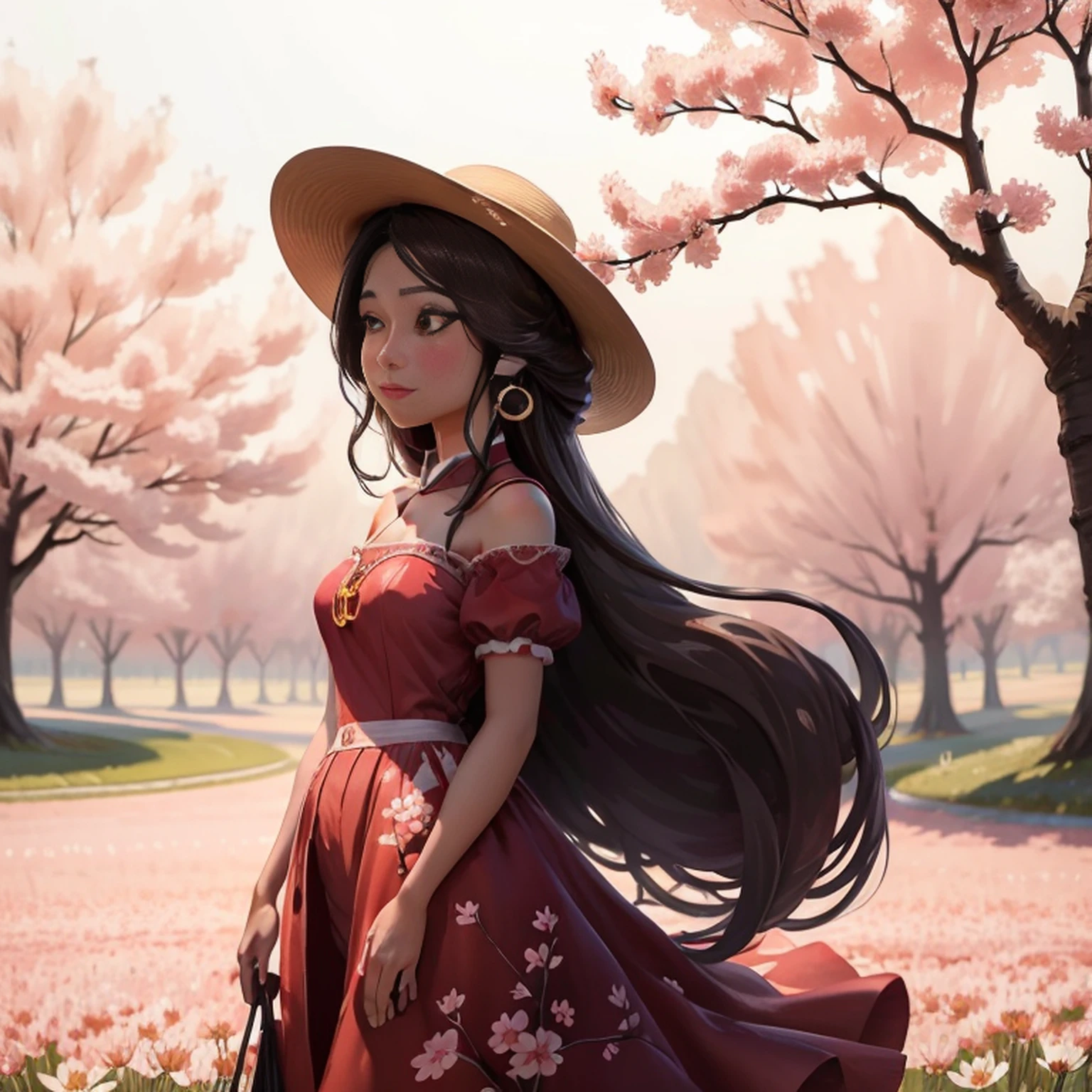 분홍색 홀터넥 드레스를 입고 모자를 쓴 채 벚꽃밭에 서있는 아름다운 중국 여성이 있습니다., 긴 웨이브 갈색 머리, 선글라스 착용, 키가 크고 마른 체형, 아름다운, 미묘한 미소, 벚꽃밭에 서서, 꽃밭에 서서, 체리 밭에 서있는 여자, girl 꽃밭에 서서, 꽃이 있는 들판에 서서,  꽃밭에서, com 꽃밭 em primeiro plano, 꽃밭에서, 꽃밭, 꽃밭에 서있는 소녀