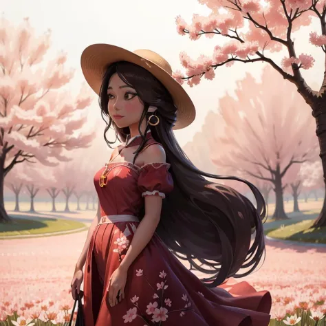 There is a beautiful Chinese woman standing in a field of cherry trees with a sun hat and wearing a pink halter dress, longos ca...