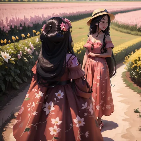 There is a beautiful Chinese woman standing in a field of cherry trees with a sun hat and wearing a pink halter dress, longos ca...