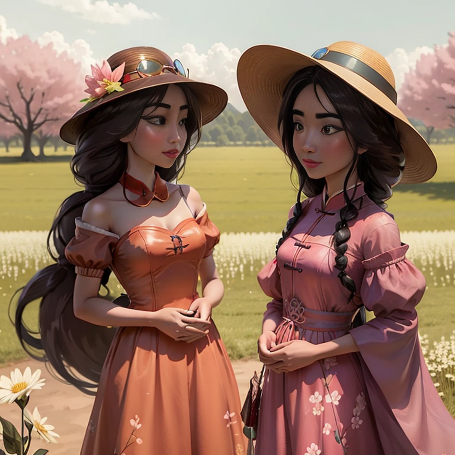 There is a beautiful Chinese woman standing in a field of cherry trees with a sun hat and wearing a pink halter dress, longos cabelos castanhos ondulados, wearing sunglasses, alto e magro, Beautiful, sorriso sutil, Standing in the field of cherry trees, standing in a flower field, Woman standing in cherry field, girl standing in a flower field, standing in a field with flowers, menina em um campo de flores, com campos de flores em primeiro plano, em um campo de flores, campos de flores, girl standing in flower field