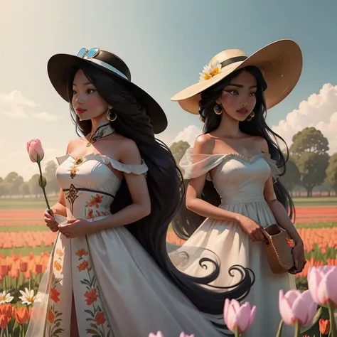 There is a beautiful Chinese woman standing in a field of tulips with a sun hat and wearing a white halter dress, longos cabelos...