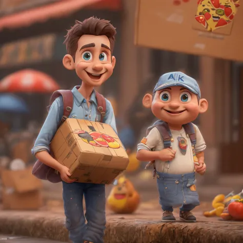 (melhor qualidade,4k,8k,Alto,master part:1.2),.3D Pixar Cute Adorable Style ,estilo disney, design de personagens, Financiador,ultra-detalhado,(Realistic,fotorrealista,photo-realistic:1.37), "Por favor, gere uma imagem de um entregador de pizza sorridente ...