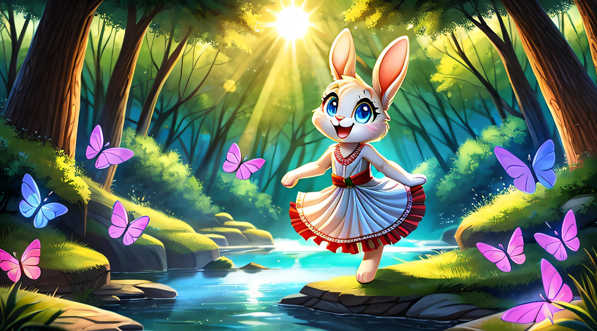 zoomed out image, fantasy style art, cute, adorable, small and tiny little fluffy female white bunny with blue eyes, floppy ears, long ears, long eyelashes, wearing a long red frilly ribbon dress, excitedly waving hello, smiling in a forest, next to a creek, big expressive smile, open mouth, wide eyes, excited eyes, excited face, stunning visuals, sun coming through the trees, colorful butterflies, digital illustration