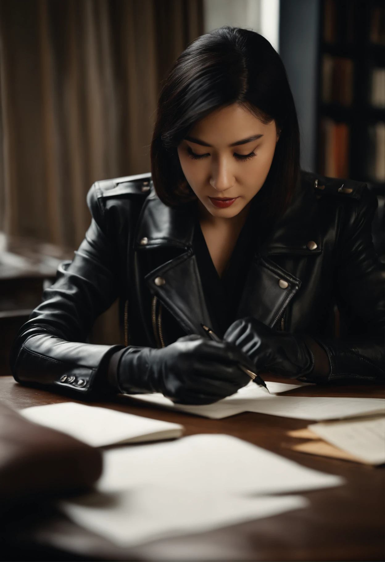 Wearing black leather gloves in both hands, upper body, black leather rider's jacket, facing the desk in the study, looking down and smiling, writing a letter using a fountain pen, black hair long straight, young Japanese woman (black leather gloves cover both hands)