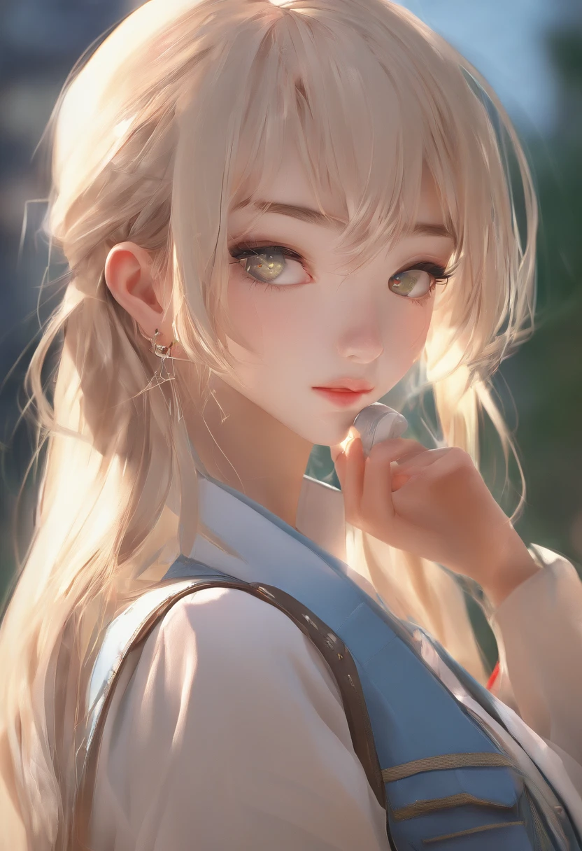 (Masterpiece), (Best quality, A high resolution, highly  detailed, illustration), 1girll, Solo, City, Contemporary, Profile picture close-up, Long blonde beige hair, Green eyes, Beautiful detailed eyes, crouched, Earphone, 8K, trending on artstationh, Featured on Pixiv