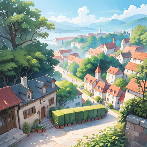 ((picture book illustration)), fantasy landscape, watercolor illustration, whimsical, warm colors, fairytale castle and village, ((princess castle)), fairytale medieval style houses, ((masterpiece)), highly detailed environment