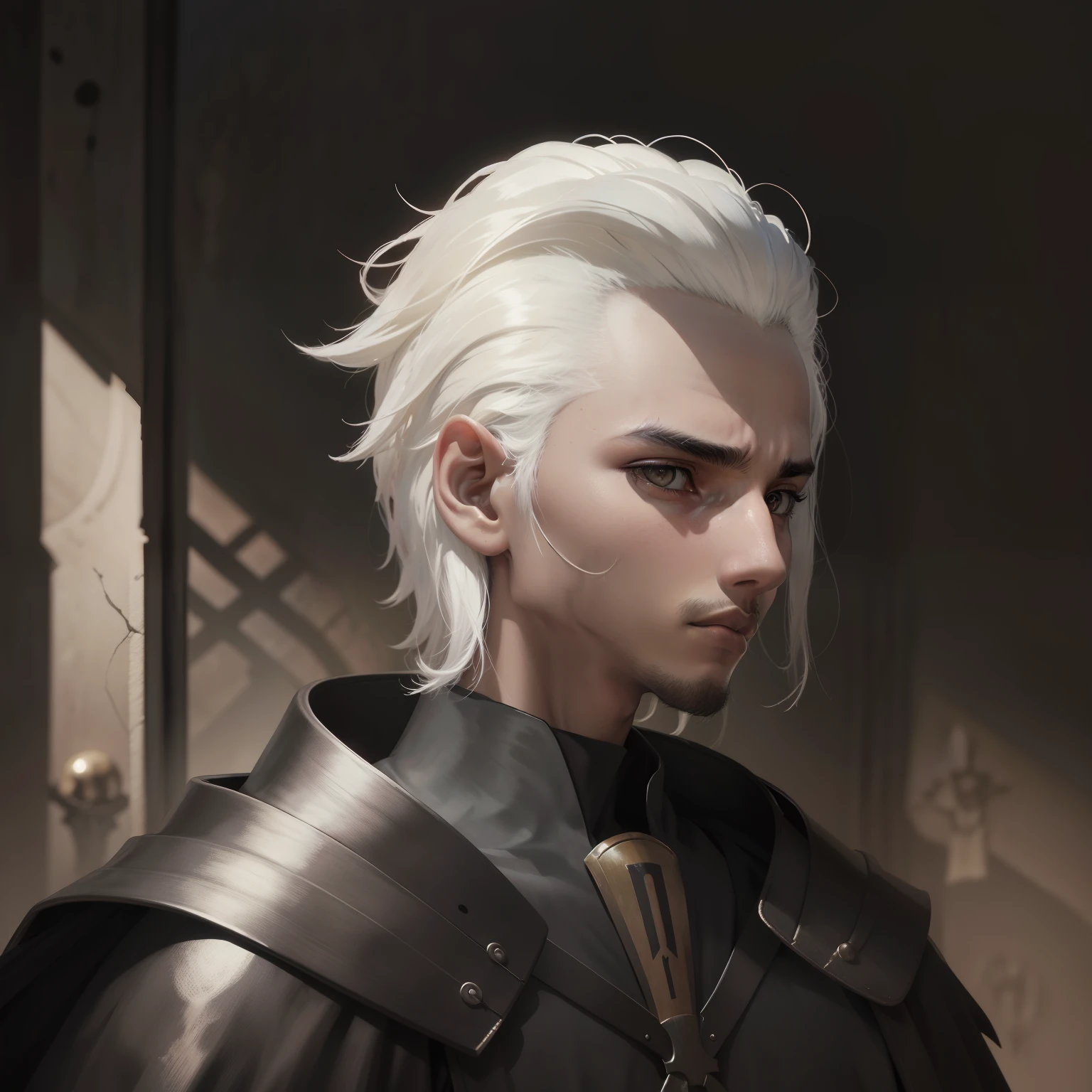 portrait of the god of death, gloomy appearance, pale skinned, silver-haired, silver eyes, mighty, armor black