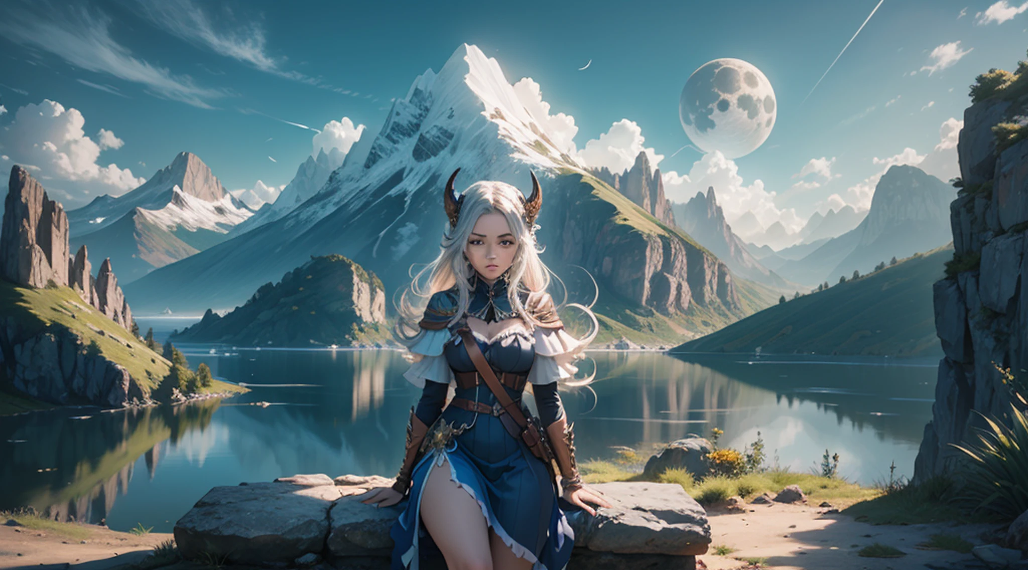 uma mulher em um vestido prateado e azul, corpo inteiro, arte de fantasia detalhada, arte de personagem impressionante, epic and exquisite character art, bela armadura da rainha, arte extremamente detalhada 8k, numa paisagem extremamente detalhada 8k, Mountains and a lake with a moon in the sky 8k, altamente detalhada 8k, --auto