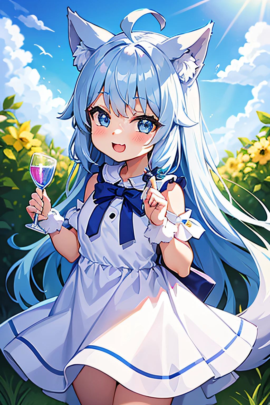 Anime girl with blue hair and white dress holding a glass of wine - SeaArt  AI