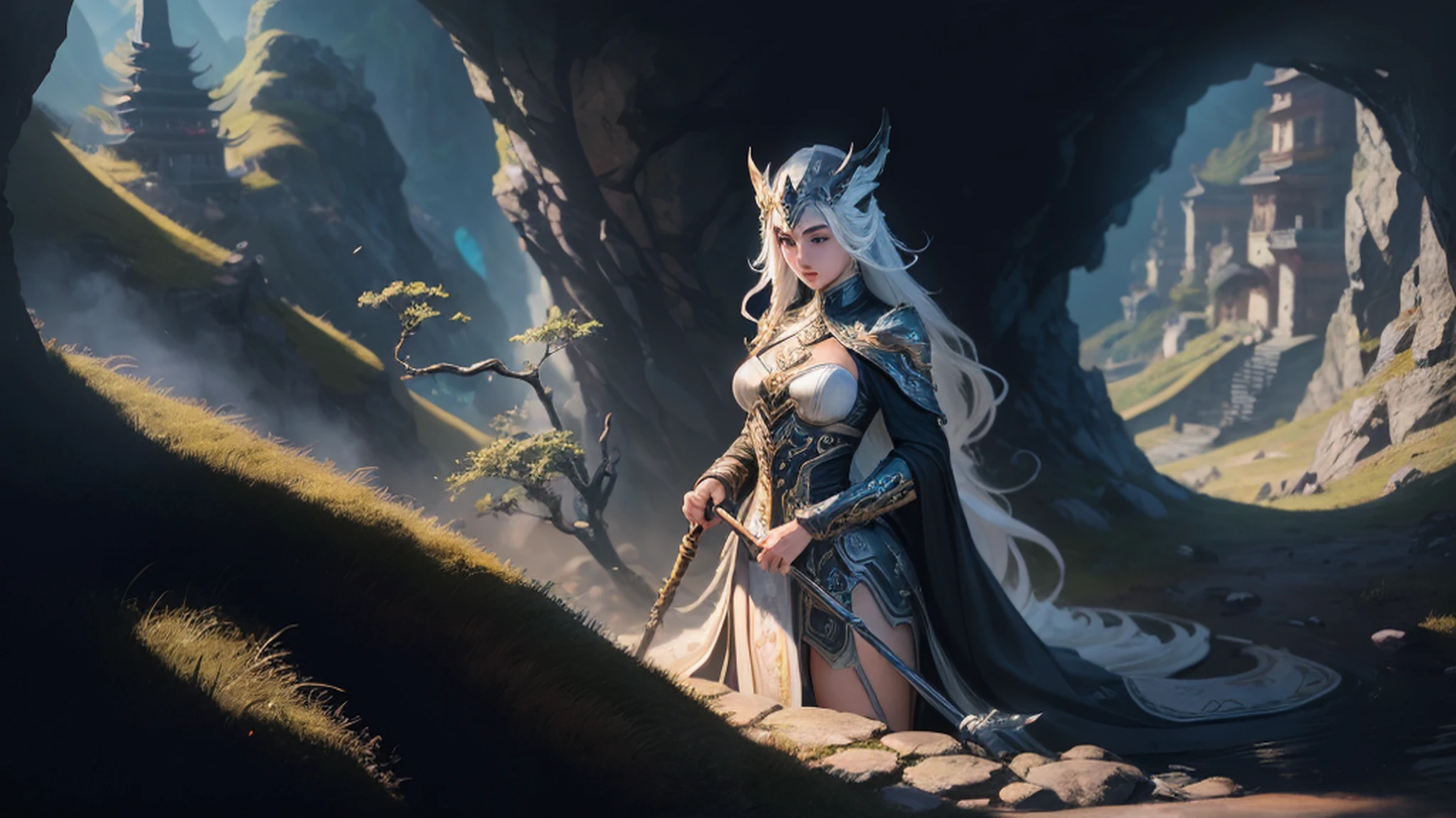 uma mulher em um vestido prateado e azul, corpo inteiro, arte de fantasia detalhada, arte de personagem impressionante, epic and exquisite character art, bela armadura da rainha, arte extremamente detalhada 8k, numa paisagem extremamente detalhada 8k, Mountains and a lake with a moon in the sky 8k, altamente detalhada 8k, --auto