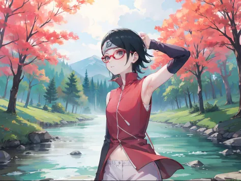 Sarada uchiha, glasses, short hair, Shirt with open buttons, Not wearing pants, armpit, ((forest, river, public))