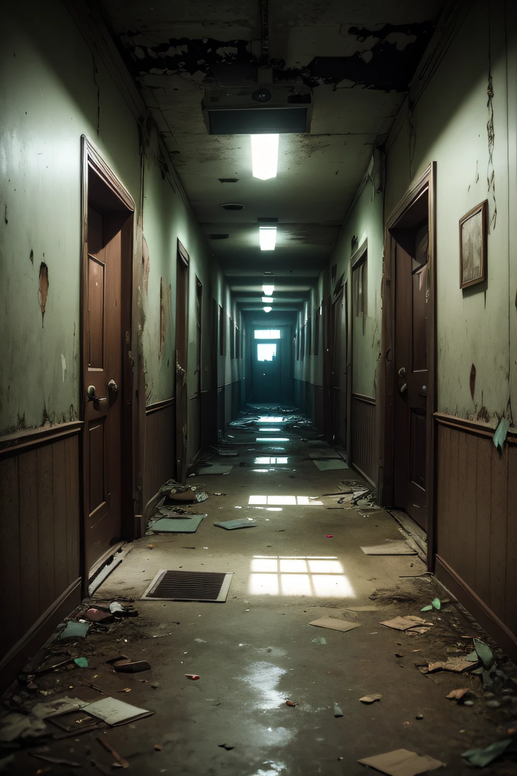 abandoned hospital entrance, dark and eerie atmosphere, cracked walls ...