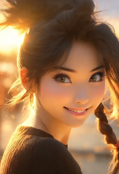 Best quality, hyper HD, (Photorealistic:1.4),Sunset light, pony tails, Korean women, detailed photograph, Smiling, Sexy, Black shirt, facing camera, Close-up (Masterpiece: 1.3), (8K, Photorealistic, Best quality: 1.4), (1girll), Beautiful face, (Realistic ...