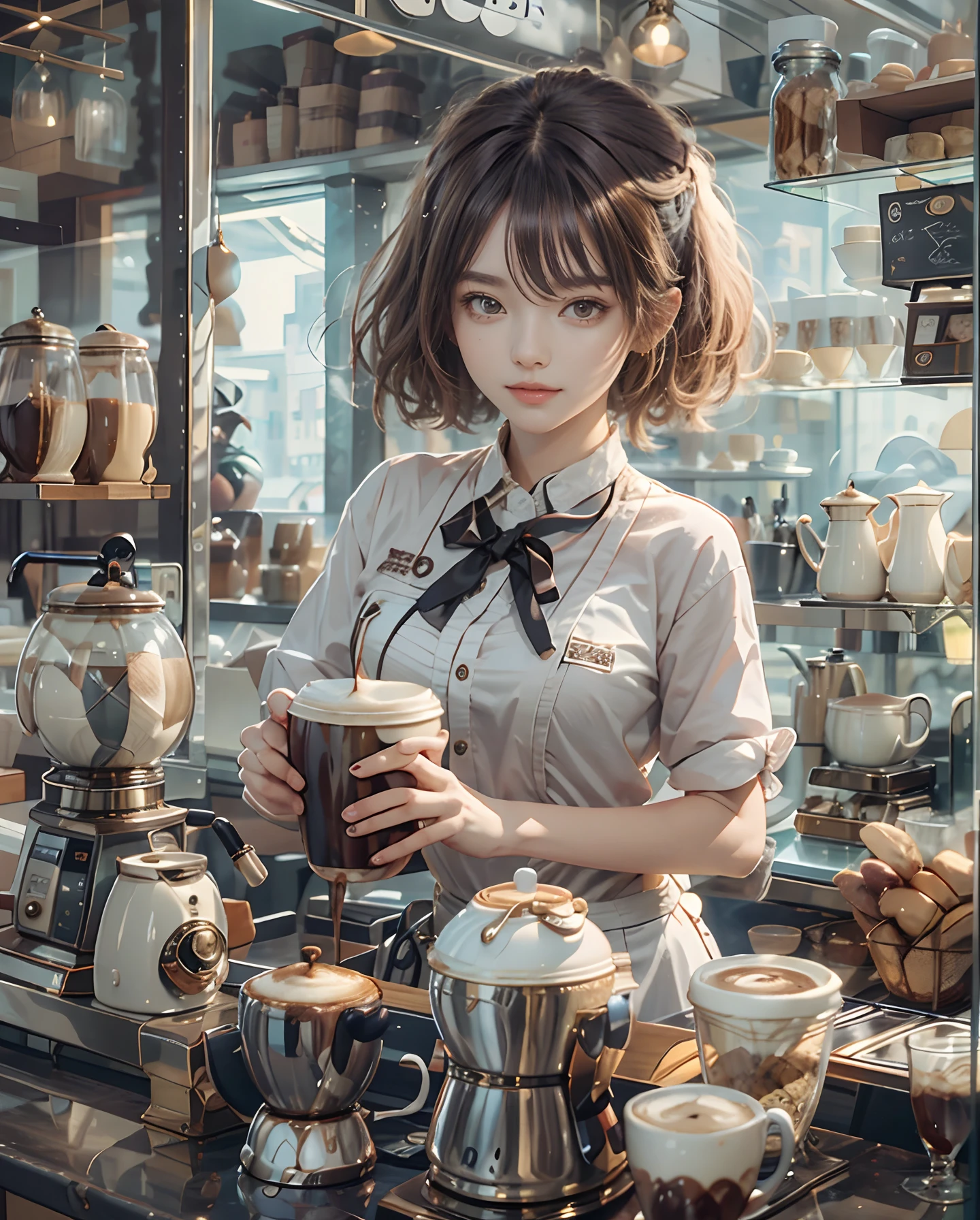 masutepiece、hight resolution、The coffee shop of the future、Woman making delicious coffee、２５Year old girl、１Girl clerk、Looking at the camera、Hair is short、short-cut、smil、Finish as shown in the photo、Coffee and beauty、the skin is white and beautiful、