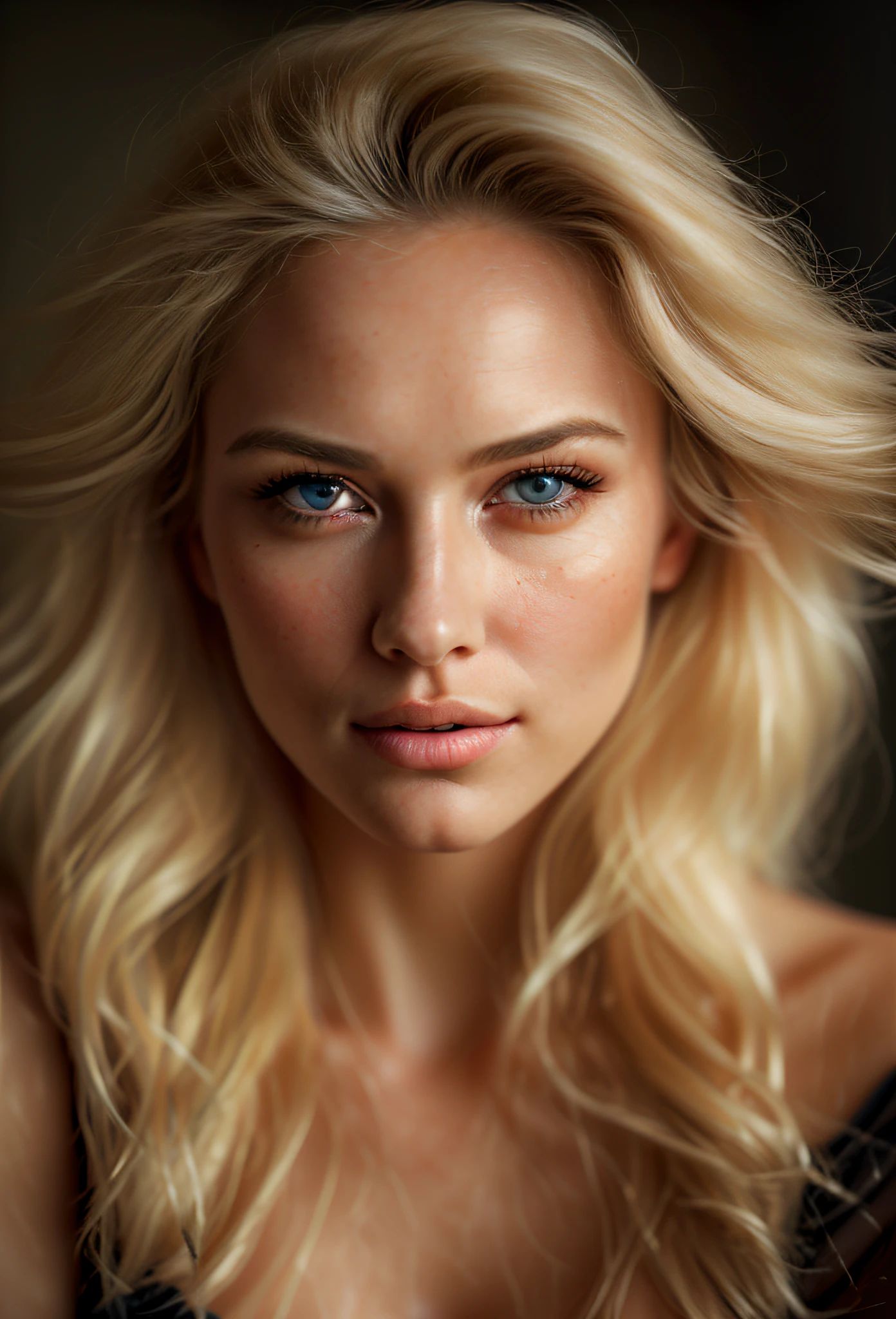 "A close-up portrait of an elegant woman with strikingly long, flowing blonde hair cascading down her shoulders, framing her exquisite face. Her eyes, a mesmerizing shade of deep, crystal-clear blue, captivate the viewer with their intensity and depth. This digital artwork, inspired by the masterful style of Ivan Grohar and sourced from Shutterstock, aims to depict the essence of beauty in a blonde woman. The model exudes a timeless allure, and her flawless features are both alluring and enchanting. The composition is reminiscent of a classic 70mm portrait, showcasing the subject's radiant beauty. This is a portrait of a stunningly beautiful and youthful blonde model, a true embodiment of grace and charm,clean young soft skin."