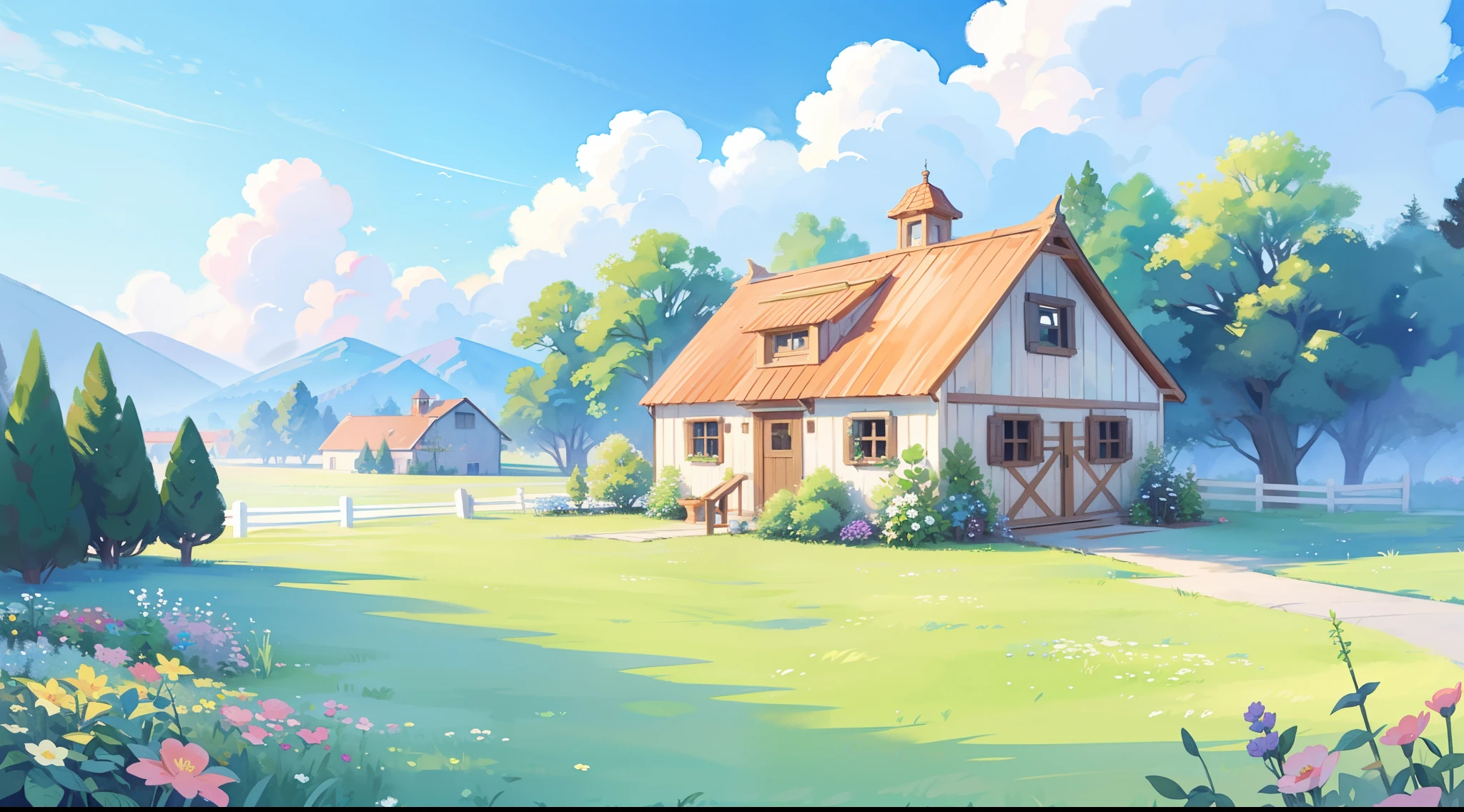watercolor, children's storybook illustration, clouds, colorful, pastel colors, bright, ((masterpiece)), ((best quality)), 8k, intricate detail, high resolution, highly detailed environment, perfect architecture, sharp focus, highly detailed, countryside fantasy, watercolor illustration, whimsical, bright colors, huge overgrown farmhouse, barn, sharp details, meadow, vines, colorful flowers, perfect architecture