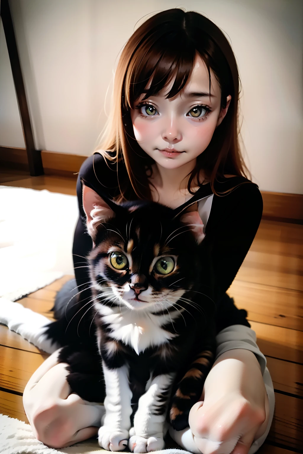 qualidade máxima、Menina segurando um gato preto、Pessoas realistas:1.5、gato preto、Aparência natural、Tiro longo、Luz natural