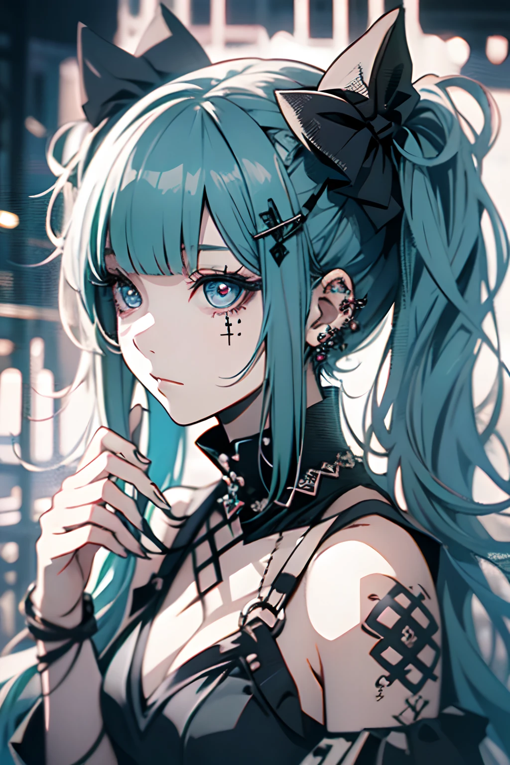 Anime girl with blue hair and piercings holding a cell phone - SeaArt AI