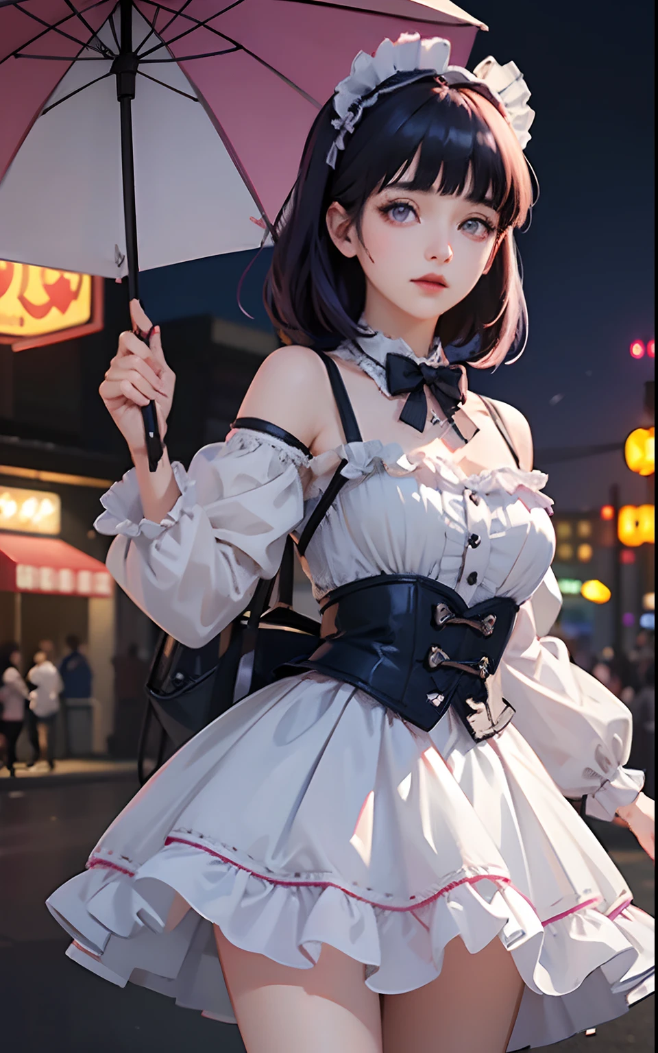 1girl, solo,mix4, (realistic:1.1), (photorealistic:1.1), (masterpiece:1.1), (best quality:1.1),  ultra detailed, looking at viewer,sweet_lolita,standing , natural lighting, depth of field, (pureerosface_v1:0.8), amusement park in the background,(night), Blunt Bangs, purple eyes, dark blue hair