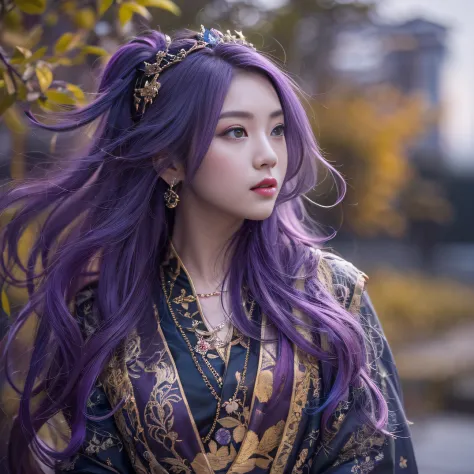Genki Girl 32K（tmasterpiece，k hd，hyper HD，32K）Long flowing bright purple hair，Autumn Pond，zydink， a color， Asian people （Genki g...