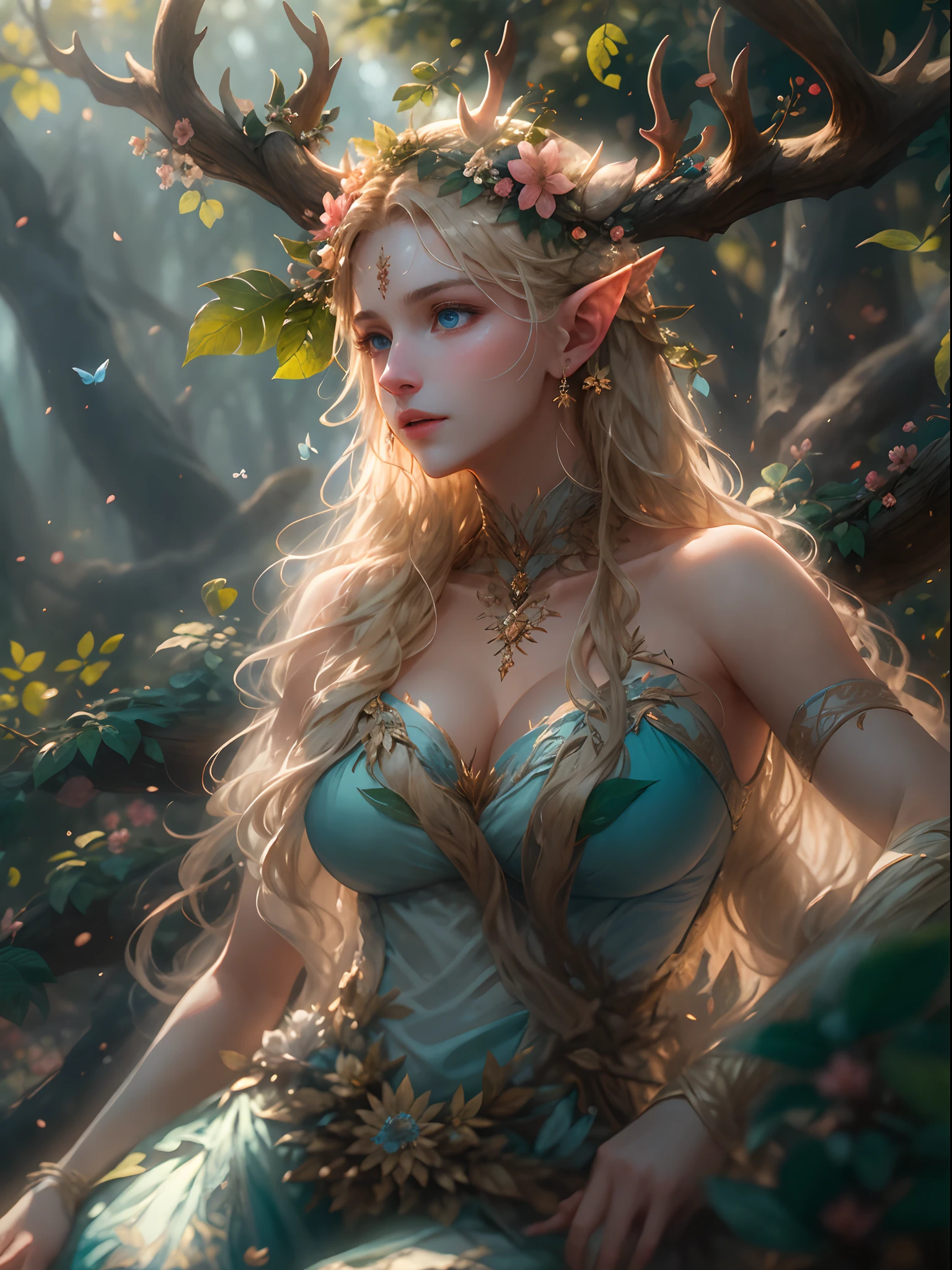 （realisticlying：1.35），（concept-art），（cowboy lenajestic goddess of the forest），（Gorgeous face，big breasts enchanting，Amazing），（Long, Flowing light blonde hair），A humanoid body composed entirely of flowers and leaves，（Beautiful skin is green，Made of complex leaves and vines），（Antlers on the head），（pointy ears），（Shining blue eyes），Lush big breasts（an enchanted forest）Background with，butterflys：0.35，leafs， blooming light effect， blossoms：0.4， God Ray， Light and dust， realistic skin textures， （The light from the back window is backlighted）， complex， A detailed， highest  quality， hasselblatt， Nikon D850， Natural stereo lighting， （Good anatomy）， well-composed， （good proportions）， subsurfacescattering， Award-Awarded， tmasterpiece
