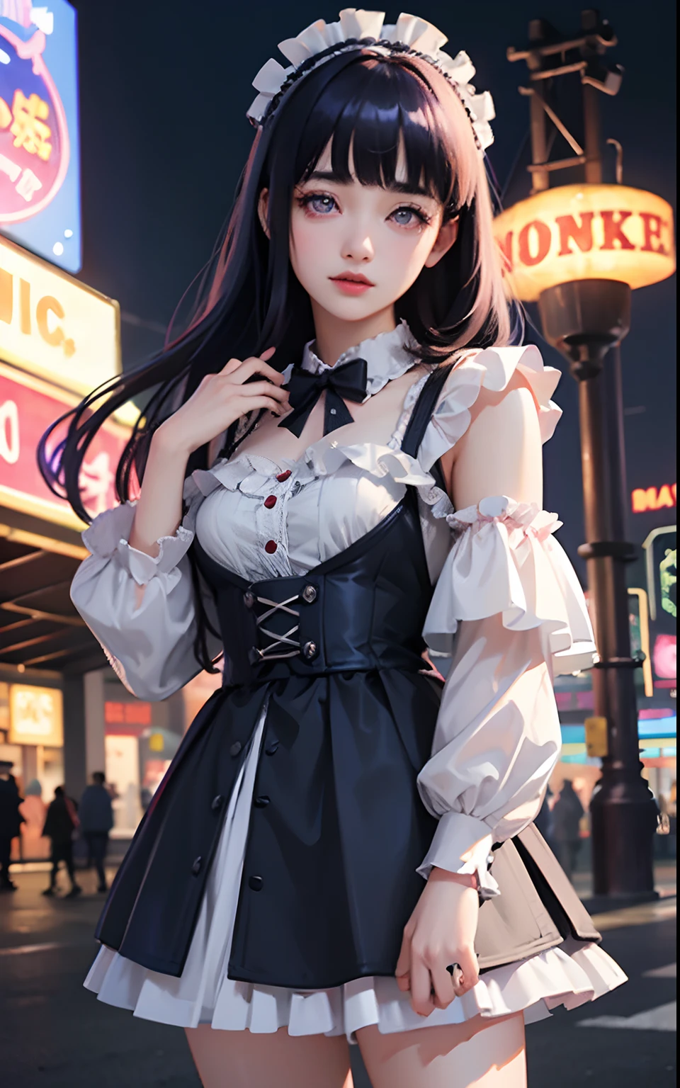 1girl, solo,mix4, (realistic:1.1), (photorealistic:1.1), (masterpiece:1.1), (best quality:1.1),  ultra detailed, looking at viewer,sweet_lolita,standing , natural lighting, depth of field, (pureerosface_v1:0.8), amusement park in the background,(night), Blunt Bangs, purple eyes, dark blue hair