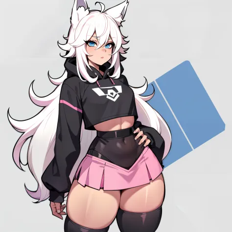 Single boy, Anime Femboy, Short, Long white hair, wolf ears, wolf tail, blue eyes, wearing cute pink skirt, thigh high socks, black combat boots, flat chest, super flat chest, solo femboy, only one femboy ((FLAT CHEST)), wide hips, thicc thighs, happy, cro...