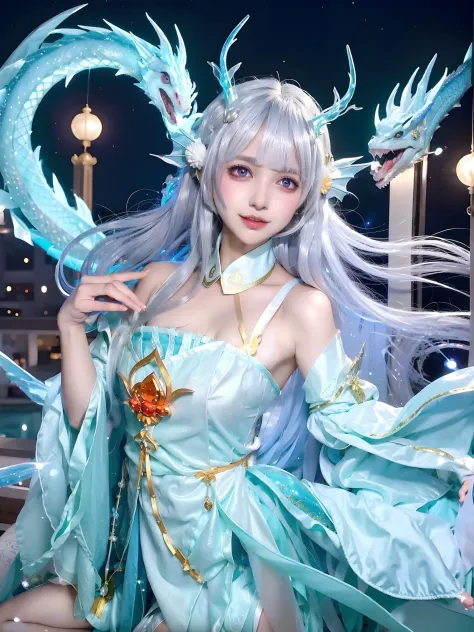 An image in anime style, a woman in a blue dress and a dragon headgear, a dragon, a white-haired god, a full body fairy, dragon ...