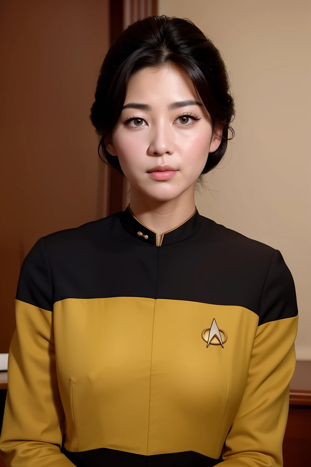 (masterpiece), best quality, expressive eyes, perfect face, Ensign Kim's older sister is a beautiful Asian girl, perfect eyes, perfect hands, yellow and black Star Trek Voyager uniform, tight uniform, photo-realistic, Harry Kim's Sister, ensign Harry Kim's mature Sister, bright indoor