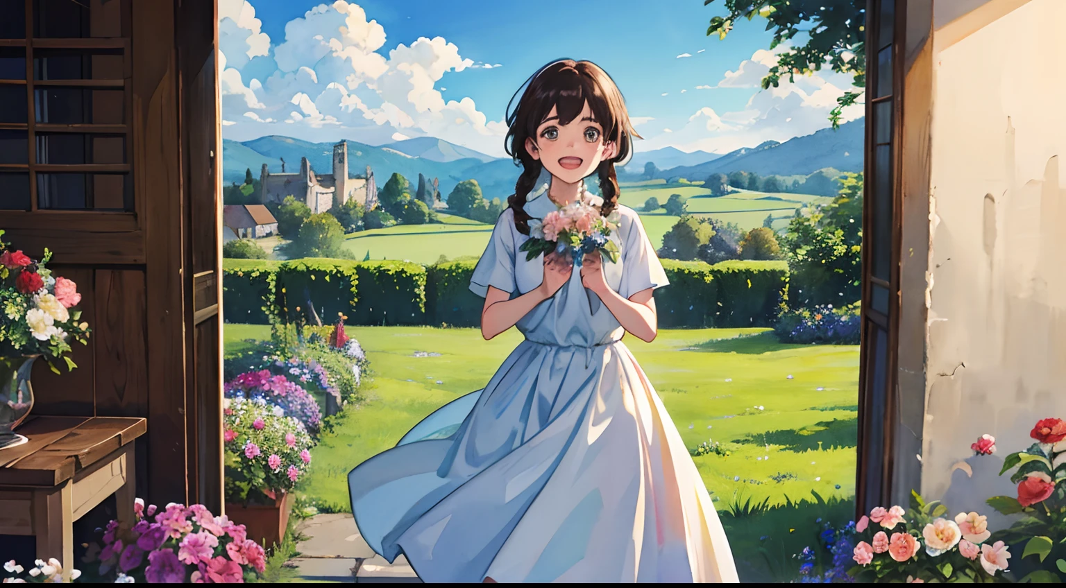 (Watercolor in Sargent style)、(top-quality、​masterpiece)、Soft light、View of the Cotswolds,Old farmhouse、rivulets、flower bloom、One lady、dark brown hair、Braided hair、White blouse and long skirt、picnic、Sing happily alone on the hill、Stand like an opera、Open your mouth and open your hands、holding a bouquet of flowers in your hands、