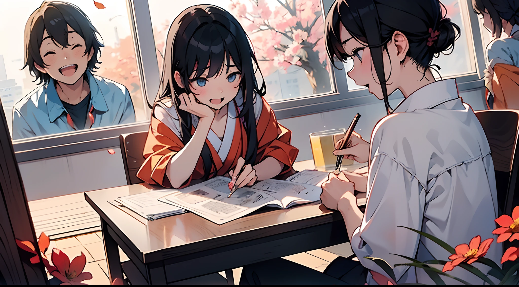 photoRealstic、A scene from a coming-of-age movie、Sit at your desk and enjoy studying with friends、Opens mouth and laughs、up of face、flower petals、season!!: 夏天☀ 🍂