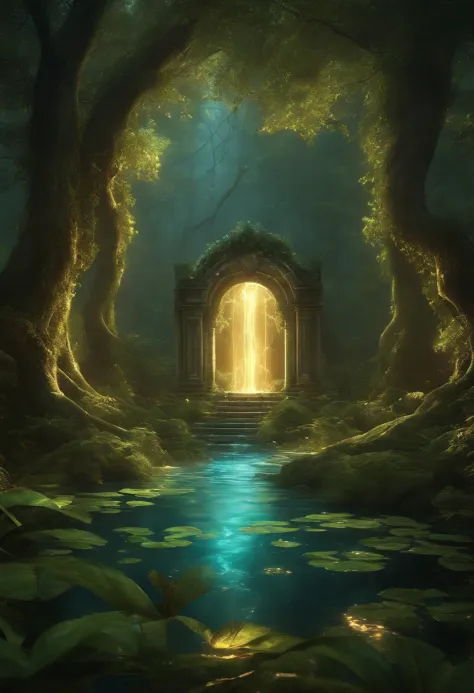 UV Create a portal in the middle of the forest with white fire around the portal and a swamp on both sides with golden lightning with coins falling like rain