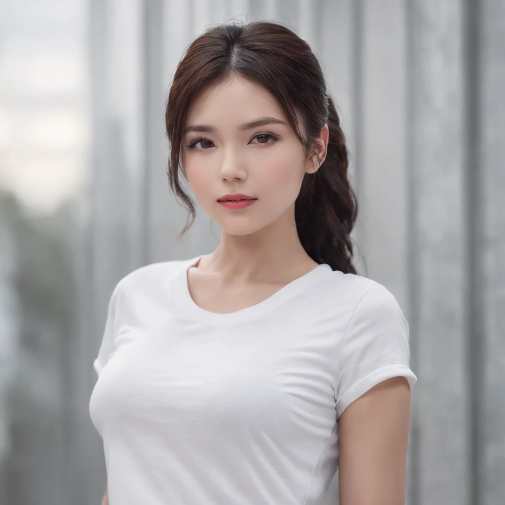 (photo: 1.3) af (realism: 1.4), (((white T-shirt))), (black hair, twin tails), super high resolution, (realism: 1.4), 1 girl, female avatar, Soft light, short hair, facial focus, cheerful, young, confident, ((gray background)), (((monochrome background))), high definition, details, slightly looking up, perfect picture, movie quality, ultra high definition, female avatar , beautiful girl, young and pretty, delicate face, elegant and luxurious