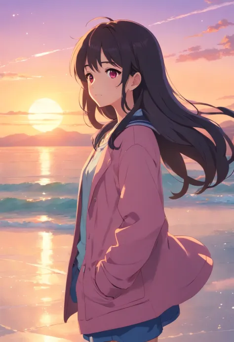 tmasterpiece，best qualtiy，cinematic Film still from，1girll，Long black hair，Pink eyes，Pink long-sleeved coat，white short sleeve，Gray jeans，goodness，16 years old，closeup cleavage，brightly，cheerfulness，Warm and soft lighting，the sunset，（spark of light：0.7）