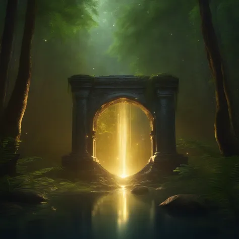 uv ,Create a portal in the middle of the forest with white fire around the portal and a swamp on both sides with golden lightning with coins falling like tamano uv rain