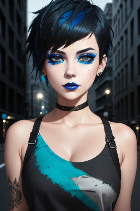 Beautiful girl, half-body portrait, Bright blue messy short hair, black eyeshadows, (street style wear:1.2), (urban backdrop:1.2...